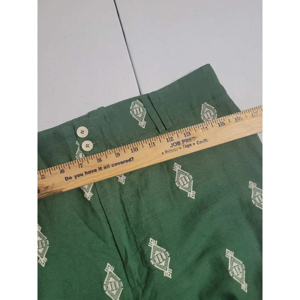 Zara Large pants linen embroidered geometric zip wide leg pockets green